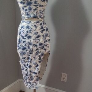 Blue and White Tropical Print Skirt
